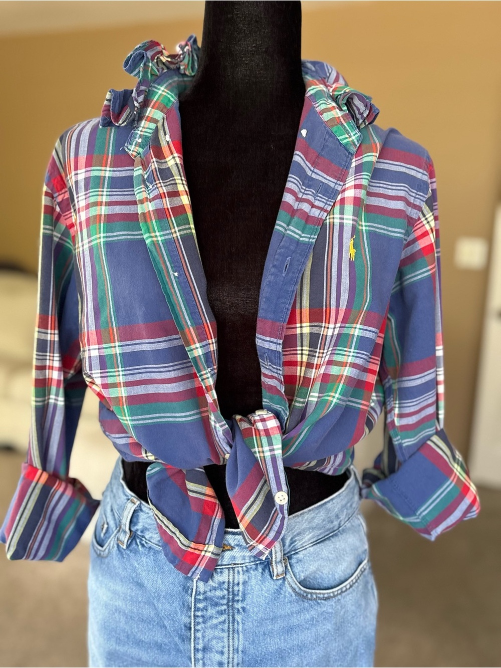 ReworkedRalph Lauren Navy Plaid Button-Front Shirt size M